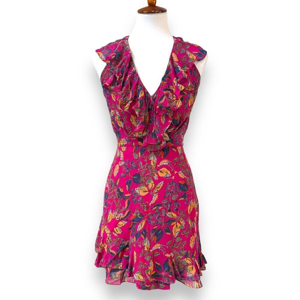 Saloni Womens Cece Mini Dress Pink Floral Slik Sleeveless Ruffle Lined Zip 0